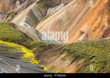 Trekker sind zu Fuß in Landmannalaugar, Fjallabak Nature Reserve, Highlands, Region Süd, Island, Europa, Stockfoto