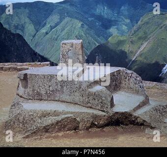 INTIHUATANA geformten Stein astronomische Beobachtungen durchführen - 15. JAHRHUNDERT - INCA ZEITRAUM ZU. Ort: Außen, MACHU PICCHU. Stockfoto