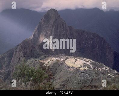 PANORAMICA DE LA CIUDADELA DE MACHU PICCHU - SIGLO XV-PERIODO INCA. Ort: Außen, MACHU PICCHU. Stockfoto