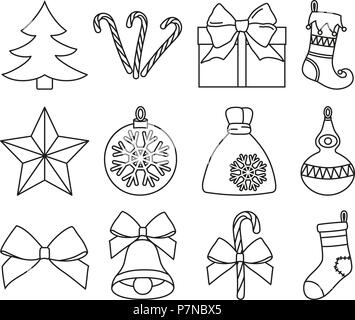 Line Art Schwarz und Weiß 12 Weihnachten Elemente einstellen Stock Vektor