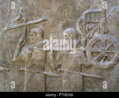 Diener Transport Sargons wagen. 8. Jahrhundert v. Chr.. Erleichterung. Palast von Sargon II. von Assyrien. Khorsabad, Irak. Louvre Museum. Paris, Frankreich. Stockfoto