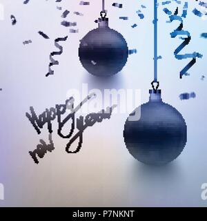 Vector Illustration realistisch Dunkel Blau Weihnachten Spielzeug, Ball, Konfetti, funkelt. Postkarte Design. Frohes Neues Jahr Kalligraphie. EPS 10. Stock Vektor