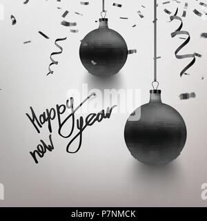 Vector Illustration realistisch Dunkel Blau Weihnachten Spielzeug, Ball, Konfetti, funkelt. Postkarte Design. Frohes Neues Jahr Kalligraphie. EPS 10. Stock Vektor