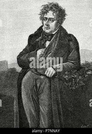 Chateaubriand, Franc ois Rene, Vicomte de (1768-1848). Der französische Schriftsteller und Mitglied der französischen Akademie (1811). Portrait.Gravur von Huyot. "Historia de Francia", 1883. Stockfoto