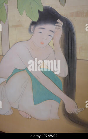 Englisch: Ausstellung im Museum für Moderne Kunst, Tokyo (東京国立近代美術館). Dieses Kunstwerk ist in der Weil der Künstler vor mehr als 70 Jahren starb. Wurde die Fotografie im Museum ohne Einschränkung erlaubt. 4. September 2013, 01:15:23 205 Insel der Frauen durch Bakusen Tsuchida, Detail, 1912, Farbe auf Seide - Nationales Museum für Moderne Kunst, Tokyo - DSC 06667 Stockfoto