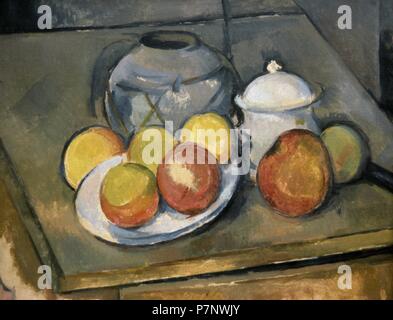 Paul Cézanne (1839-1906). Post-Impressionisten. Stillleben mit Stroh-getrimmten Vase, Zuckerdose und Äpfel, 1890-1893. Orangerie-Museum. Paris. Frankreich. Stockfoto