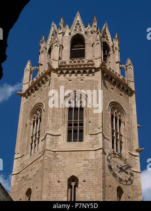 CATEDRAL DE LA Seu Vella. VISTAS GENERALES Y TORRE MAYOR, CON CAMPANARIO Y RELOJ. Lérida, Katalonien, Spanien. Stockfoto