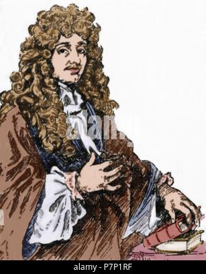 Christiaan Huygens (1629-1695). Niederländischer Mathematiker und Wissenschaftler. Er ist bekannt vor allem als Astronom, Physiker, Probabilist und Uhrmacherei. Porträt. Gravur. Farbige. Stockfoto