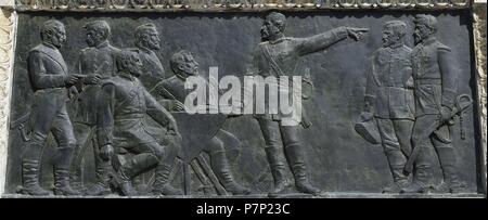 Denkmal von Juan Prim. (1814-1870). Rückzug aus Mexiko, 1882-87. Relief von Lui s Puiggener (1851-1918). Der Ciutadella Park. Barcelona, Spanien. Stockfoto