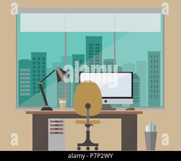 Flache design vector Abbildung: ein Büro Arbeitsplatz Brauntöne mit Blick auf die Stadt Stock Vektor