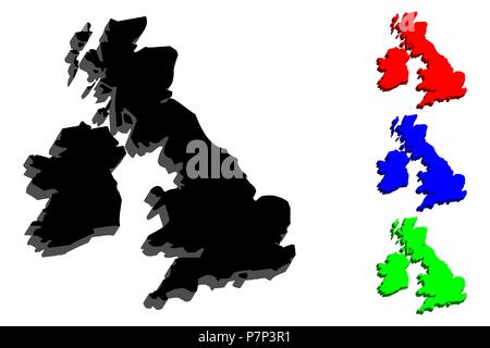 3D-Karte der Britischen Inseln (Vereinigtes Königreich von Großbritannien und Nordirland, der Republik Irland) - Schwarz, Rot, Blau und Grün-Vector Illustration Stock Vektor