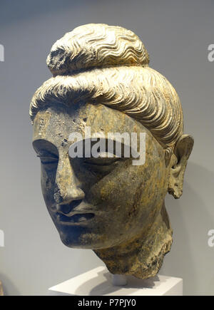 Englisch: Ausstellung in der Arthur M. Sackler Museum, Harvard University, Cambridge, Massachusetts, USA. Dieses Kunstwerk ist in der Weil der Künstler vor mehr als 70 Jahren starb. 11 April 2015, 10:54:34 188 Kopf eines Buddha, Gandhara, Pakistan, Kushan Zeitraum, 2. Jahrhundert n. Chr., Schiefer - Arthur M. Sackler Museum, Harvard University - DSC 00827 Stockfoto