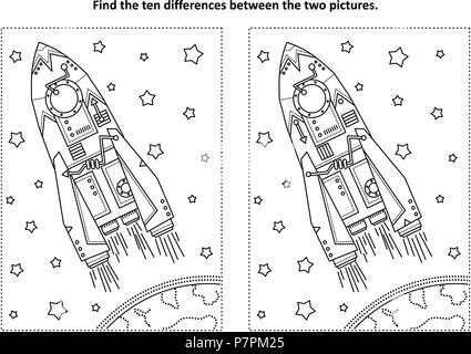 Die Erforschung des Weltraums themed finde die zehn Unterschiede Bild Puzzle und Färbung Seite mit Rakete oder Raumschiff, der Erde und der Sterne. Stock Vektor
