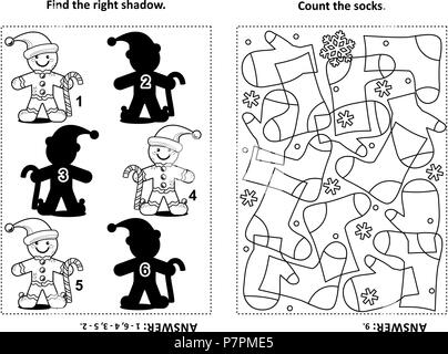 Zwei visuelle Rätsel und Färbung Seite für Kinder. Finden Sie die richtigen Schatten für jedes Bild von Ingwer Mann. Zählen Sie die Socken. Schwarz und Weiß. Stock Vektor
