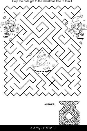 Labyrinth-spiel und Färbung Seite: Hilfe die Eulen auf dem Weihnachtsbaum erhalten Sie zu trimmen. Antwort enthalten. Stock Vektor