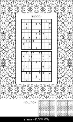 Puzzle und Färbung Aktivität Seite für Erwachsene - mit zwei Sudoku Rätsel der komfortablen Niveau und breiten dekorativen Rahmen Farbe. Familienfreundlich. Stock Vektor
