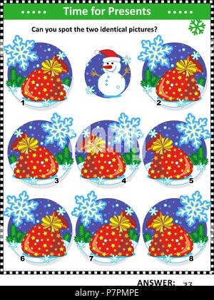 Winter, Weihnachten oder Neujahr themed visuelle Puzzle mit Santa's Säcke voller Spielzeug und Geschenke: Erkennen Sie den zwei identische Bilder? Stock Vektor