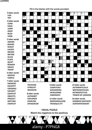 Puzzle Seite mit zwei Rätsel: 19 x 19 Criss-cross (kriss - Kross, in die Lücken ausfüllen) Kreuzworträtsel Wortspiel (in englischer Sprache) und abstrakte visuelle Puzzle. Stock Vektor