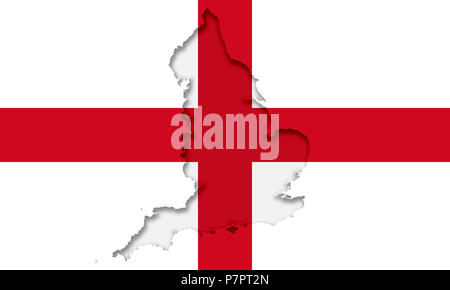 Silhouette von England in Zivil- und State Flag. Rot St George's Kreuz auf weißem Feld. Umrisse von England mit Schatten im Inneren. Land. Abbildung. Stockfoto