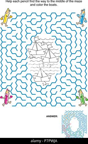 Labyrinth-spiel und Färbung Seite für Kinder: Hilfe die Bleistifte mit dem Schwarzweiß-Zeichnung und Farbe die Boote! Antwort für Maze enthalten. Stock Vektor