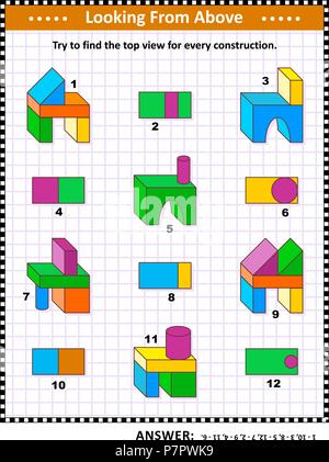 Pädagogische math Puzzle: Hier finden Sie die Ansicht von oben für jede der Spielzeug Bausteine Strukturen. Antwort enthalten. Stock Vektor