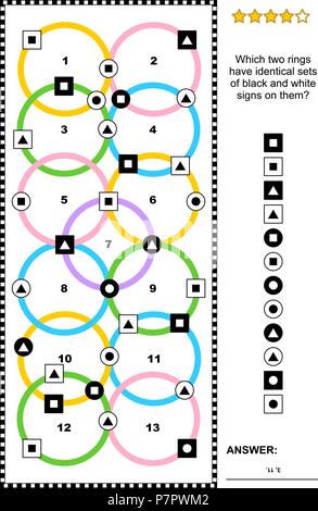 IQ Training abstrakte visuelle Puzzle (geeignet sowohl für Kinder und Erwachsene): Die zwei Ringe haben identische Sätze von schwarzen und weißen Zeichen auf Sie? Stock Vektor