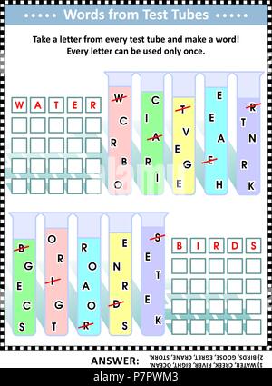 Wort Spiel (in englischer Sprache) für Kinder oder Erwachsene: fünf Wörter, indem Sie einen Brief von jedes Reagenzglas. Antwort enthalten. Wasser und Vögel eingerichtet. Stock Vektor