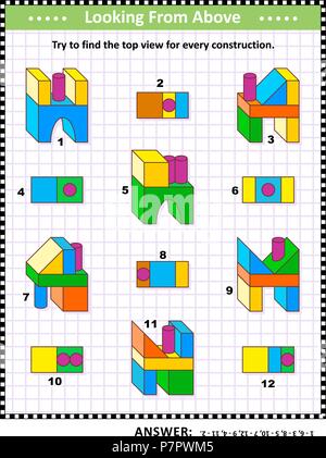 Pädagogische math Puzzle: Hier finden Sie die Ansicht von oben für jede der Spielzeug Bausteine Strukturen. Antwort enthalten. Stock Vektor