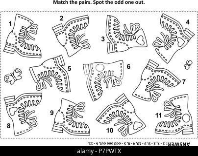 IQ training Visual Logic Puzzle und Färbung Seite mit alten Stiefel. Ordnen Sie die Paare. Ordnen Sie die Paare. Ort das Kuckucksei aus. Antwort enthalten. Stock Vektor