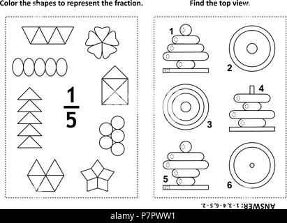 Zwei visuelle mathematische Rätsel und Malvorlagen. Farbe die Formen der Fraktion zu vertreten. Hier finden Sie die Ansicht von oben. Schwarz und Weiß. Antwort enthalten. Stock Vektor