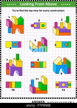 Pädagogische math Puzzle: Hier finden Sie die Ansicht von oben für jede der Spielzeug Bausteine Konstruktionen. Antwort enthalten. Stock Vektor