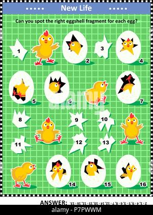 Frühling oder Ostern themed visuelle Logik Puzzle oder Bild Rätsel: Richten Sie die Bohrungen in der Eier in der Eierschale Fragmente. Antwort enthalten.