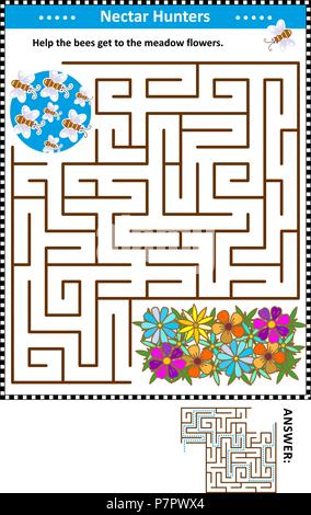 Labyrinth Spiel für Kinder mit Bienen Nektar Jäger: Die Bienen auf der Wiese Blumen. Antwort enthalten. Stock Vektor