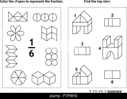 Zwei visuelle mathematische Rätsel und Malvorlagen. Farbe die Formen der Fraktion zu vertreten. Hier finden Sie die Ansicht von oben. Schwarz und Weiß. Antwort enthalten. Stock Vektor