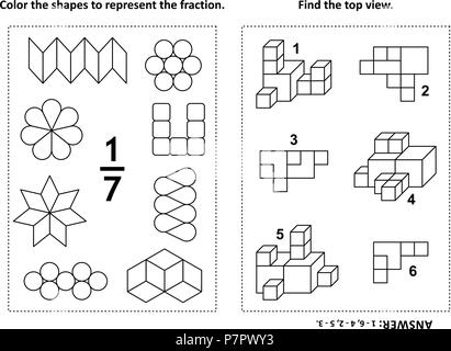 Zwei visuelle mathematische Rätsel und Malvorlagen. Farbe die Formen der Fraktion zu vertreten. Hier finden Sie die Ansicht von oben. Schwarz und Weiß. Antwort enthalten. Stock Vektor