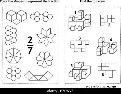 Zwei visuelle mathematische Rätsel und Malvorlagen. Farbe die Formen der Fraktion zu vertreten. Hier finden Sie die Ansicht von oben. Schwarz und Weiß. Antwort enthalten. Stock Vektor