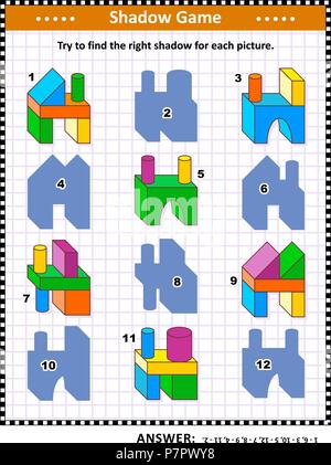 IQ Training visual Puzzle oder Bild Rätsel: Versuchen Sie, die richtige Schatten zu finden für jedes Gebäude Bau Blöcke. Antwort enthalten. Stock Vektor