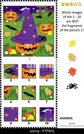 Halloween themed visuelle Puzzle mit Hexenhut, Kürbisse und Nacht Szene: Was ist mit den 2 - 10 sind nicht die Fragmente der Bild 1? Antwort enthalten. Halloween, Hut, Puzzle, Fragmente, Spiel, Visual, Logik, Rätsel, Fallen, Herbst, Hexe, Kürbis, Kürbisse, Feld, Nacht, Szene, Spinnen, Fledermäuse, finden, anders, gleichen, Fragment, Teil, Detail, Teile, Details, gehören, was nicht gehört, Bild, Differenz, Cartoon, fun, Freizeit, Hobby, Unterhaltung, Kids, Kinder, Aktivität, Bildung, Illustration, Vektor Stock Vektor