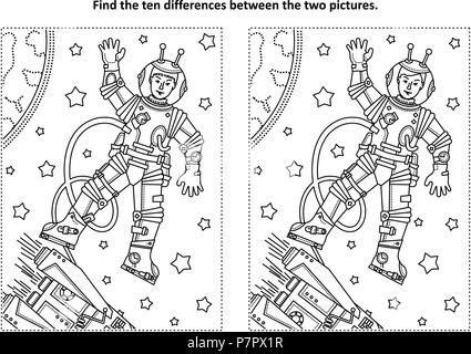 Die Erforschung des Weltraums themed finde die zehn Unterschiede Bild Puzzle und Färbung Seite mit Astronauten oder Kosmonauten im Weltraum, Rakete, Sterne, Erde Stock Vektor