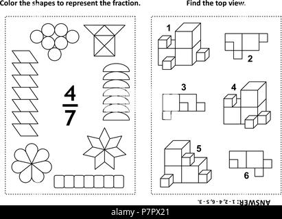 Zwei visuelle mathematische Rätsel und Malvorlagen. Farbe die Formen der Fraktion zu vertreten. Hier finden Sie die Ansicht von oben. Schwarz und Weiß. Antwort enthalten. Stock Vektor