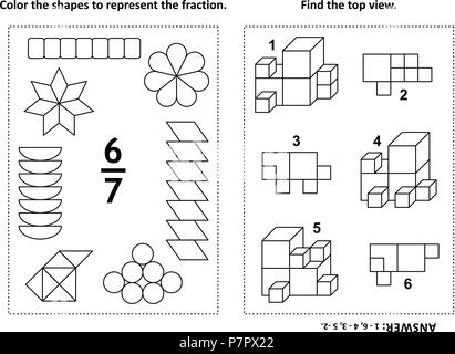 Zwei visuelle mathematische Rätsel und Malvorlagen. Farbe die Formen der Fraktion zu vertreten. Hier finden Sie die Ansicht von oben. Schwarz und Weiß. Antwort enthalten. Stock Vektor