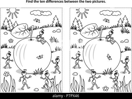 Finde die zehn Unterschiede Bild Puzzle und Färbung Seite mit reifer Apfel auf den Boden und fünf besetzt Ameisen Planung, was mit ihm zu tun liegen Stock Vektor