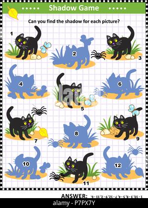 Halloween themed visuelle Puzzle oder Bild Rätsel mit Black Cat: können Sie die Schatten für jedes Bild zu finden? Antwort enthalten. Stock Vektor