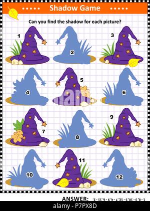 Halloween themed visuelle Puzzle oder Bild Rätsel mit Hexenhut: können Sie die Schatten für jedes Bild zu finden? Antwort enthalten. Stock Vektor