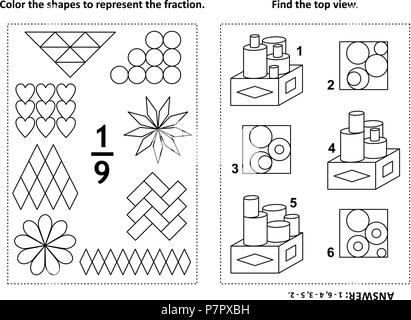 Zwei visuelle mathematische Rätsel und Malvorlagen. Farbe die Formen der Fraktion zu vertreten. Hier finden Sie die Ansicht von oben. Schwarz und Weiß. Antwort enthalten. Stock Vektor