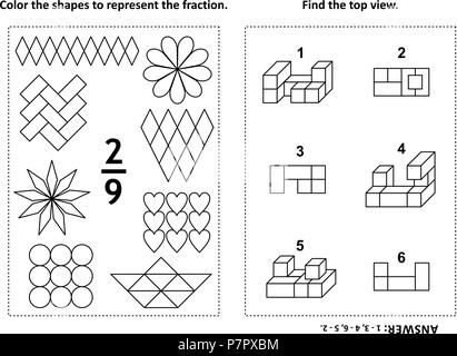 Zwei visuelle mathematische Rätsel und Malvorlagen. Farbe die Formen der Fraktion zu vertreten. Hier finden Sie die Ansicht von oben. Schwarz und Weiß. Antwort enthalten. Stock Vektor