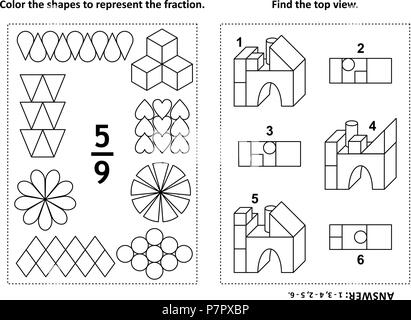Zwei visuelle mathematische Rätsel und Malvorlagen. Farbe die Formen der Fraktion zu vertreten. Hier finden Sie die Ansicht von oben. Schwarz und Weiß. Antwort enthalten. Stock Vektor