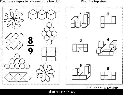Zwei visuelle mathematische Rätsel und Malvorlagen. Farbe die Formen der Fraktion zu vertreten. Hier finden Sie die Ansicht von oben. Schwarz und Weiß. Antwort enthalten. Stock Vektor