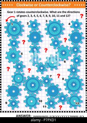 IQ und räumlichen Fähigkeiten Ausbildung visuelle Puzzle mit Zahnrädern dreht sich im Uhrzeigersinn und gegen den Uhrzeigersinn drehen. Antwort enthalten. Stock Vektor