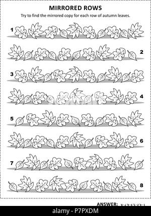 IQ Training visual Puzzle und Färbung Seite mit Blätter im Herbst: Versuchen Sie gespiegelte Kopie für jede Zeile zu finden. Antwort enthalten. Stock Vektor
